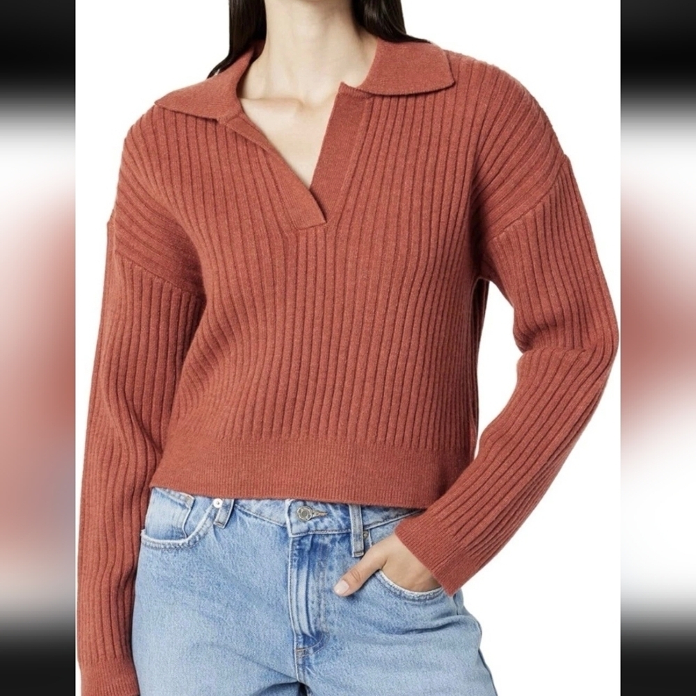 The Drop Marcy Ribbed Polo Top L NWT Cropped Sweater $50
